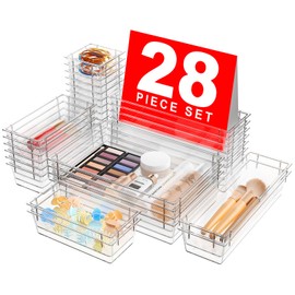 A-LuGei 【28PCS】【4Size】 Acrylic Drawer Organizer, Bathroom Organizers and Storage, Clear Makeup organizer, Desk drawer organizer, Storage Bins for Kitchen Office Bedroom Vanity Jewelry Pantry Garage