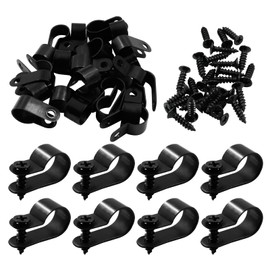 Bivethoi 120 PCS R-Type Cable Clip Wire Clamp, 1/2" Black Screw Mounting Clips Nylon Screw Mounting Cord Fastener Wire Conduit Clamp for Wire Management