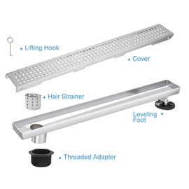 Elefloom Offset Linear Shower Drain, Shower Drain 60 inch with Removable Grate Cover, Professional AISI 304 Stainless Steel Side Outlet Shower Floor Drain with Hair Catcher and Leveling Feet