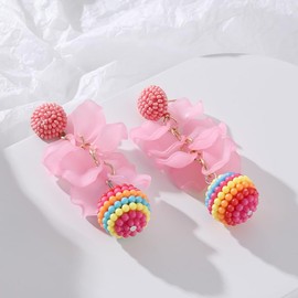 Rose Petal Beaded Ball Floral Dangle Earrings Bohemian Style Pink Plum Statement Flower Tassel Earrings for Women