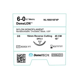 DEMETECH DemeLON Non-Absorbable Nylon Monofilament Suture, DFS-3, 16mm, 3/8 Circle, Reverse Cutting Needle, USP Size 6-0, 18 inches, (45cm), Black