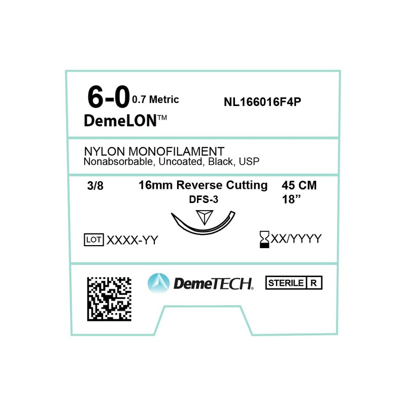 DEMETECH DemeLON Non-Absorbable Nylon Monofilament Suture, DFS-3, 16mm, 3/8 Circle,