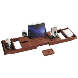 Teak Bathtub Tray, Wooden Bath Tub Tray Expandable, Bathtub Caddy Tray for Tub Bath Organizer with Book and Wine Glass Holder
