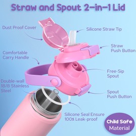 Fimibuke Kids Insulated Water Bottle with Pop-Open Straw & Spout 2-in-1 Lid, 18oz Leak Proof 18/8 Stainless Steel Vacuum Tumbler, BPA-Free Kids Cup For Travel School Boys Girls Toddler 2Packs Macaron