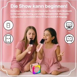 MMOBIEL Children's Karaoke Machine with 2 Microphones - Mini Karaoke Machine, Portable Bluetooth Speaker, 2 Wireless Microphones - Toy 3+ Years, Gifts for Girls, Boys, Children - Pink