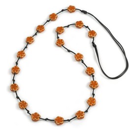 Avalaya Dusty Orange Ceramic Flower Bead Black Silk Cord Long Necklace - 95cm Long