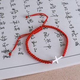 COLORFUL BLING Cross Bracelet for Women Men Stainless Steel Adjustable Braided String Sideways Bracelet Protection Prayer Amulet Christian Jewelry-red black