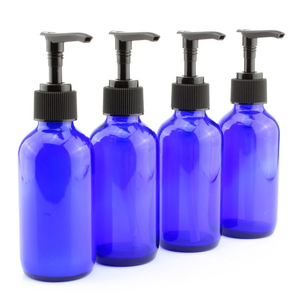4-Ounce Cobalt Glass Pump Bottles (4 Pack), for Aromatherapy, Lotions, Soaps & More