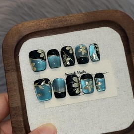 TENPAL Cat Eye Press On Nails 10 Pcs with Tools Kit,Hand-Painted Floral French False Nails,Emerald Dark Green Short Round Square Glue on Nails,Gothic Oriental Reusable Fake Nails for Autumn Winter(L)