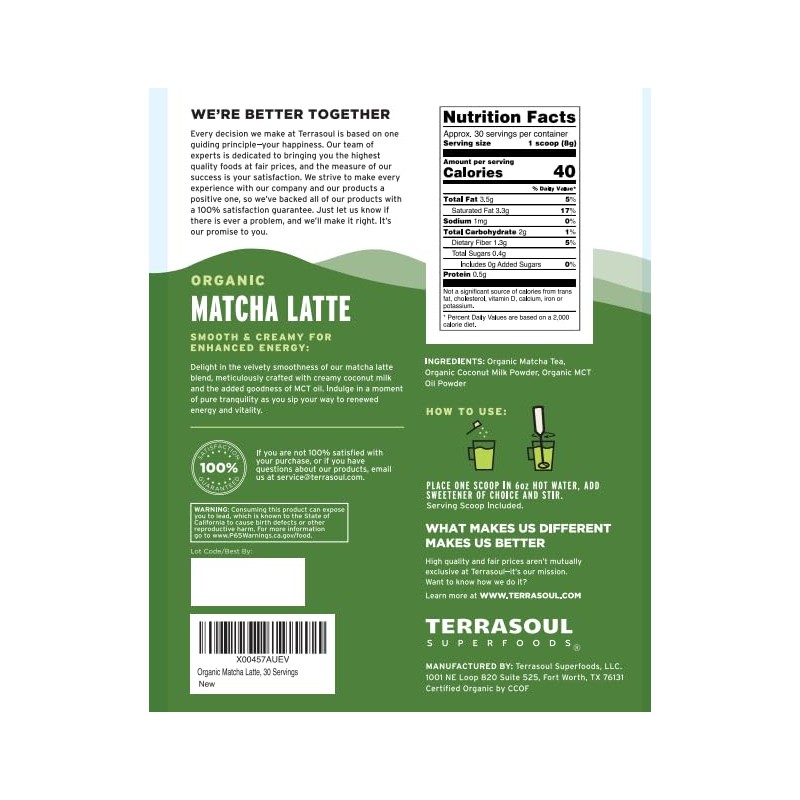 Terrasoul Organic Matcha Latte - Premium Vegan & Dairy-Free Blend