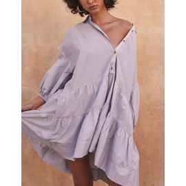 Mingzhu Women's Summer Flowy 3/4 Sleeve Babydoll Mini Dress Tiered Short Shirtdress with Pockets(0907-PurpleX1-XL)