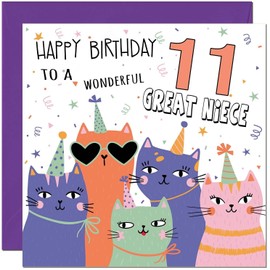 11th Great Niece Birthday Cards - Childrens Cute Cat Great Niece Birthday Card for 11 Year old Kids eleven, eleventh