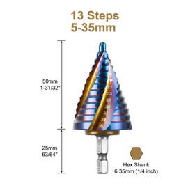 SALI M35 HSS Step Drill Bit 5-35 mm Four Spiral Flute Cobalt Step Drill 1/4" Hex Shank Quick Change Design High Speed Steel Step Drill Bit for Metal, Stainless Steel, Aluminum, Wood, Plastic