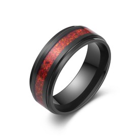LerchPhi 8MM Mens Black Titanium Wedding Band, Black Ring with Fire Red Opal Inlay, Durable and Stylish Men's Jewelry, Size 11