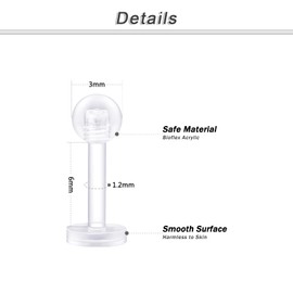 Crdifu 20 Plastic Lip Piercing Labret Stud Retainers Flexible Plastic 6/8/10/12 mm Bioflex Acrylic, Plastic