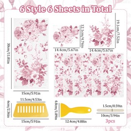 WANDIC 6 Pcs Pink Rub On Transfer Sticker,Flower Transfer Stickers Plants&Text Decals for Present Wrapping DIY Scrapbooking Photo Albums Furniture,15 * 30cm