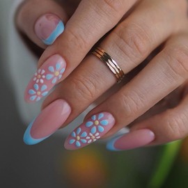 French Tip Press on Nails Blue Fake Nails Spring Acrylic Nails Small Flower False Nails Almond Shape Artificial Nails Full Cover Glossy Stick on Nails Blue Nail Tip Cute Press on Nails for Women Girls