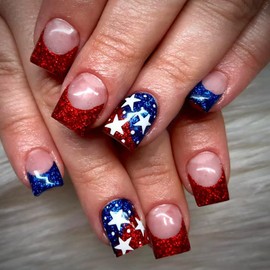 Independence Day Press on Nails French Tip Fake Nails Blue Red False Nails with White Star Designs Nail Glitter Glue on Nails Stick on Nails Full Cover Cute Acrylic Nails Matte Artificial Nails