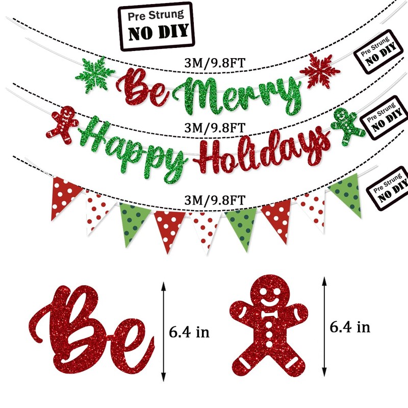 Pre-Strung Be Merry Christmas Decorations Banner Happy Holidays Party Red