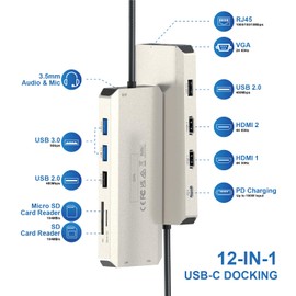 WAVLINK USB C 12 in 1 Hub/Dock Station, 3 Display Type C Adapters, 2x 4K HDMI and 1x 2K VGA Ports, 85W Laptop Charging, Ethernet, MicroSD and SD Card Reader, and PC Charger with 3.5mm Audio Jack and