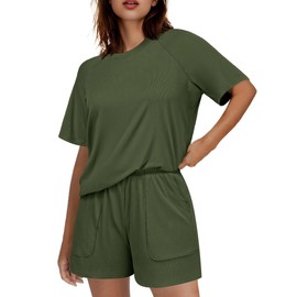 Ekouaer Women Pajama Sets Ribbed Knit 2 Piece Lounge Set Short Sleeve Pjs Summer Loungewear Sleepwear with Pockets Army Green S