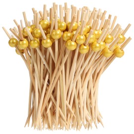300PCS Cocktail Picks, Sublaga 4.7" Eco-friendly Natural Bamboo Ball Food Picks, Fancy Toothpicks for Appetizers, Drinks Party Fruit, Bamboo Gold Ball Food Sticks Charcuterie Boards Accessories