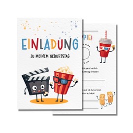 5er-Set Kino Einladungskarten für Kindergeburtstag | Filmreife A6 Partyeinladungen | Popcorn & Filmklappe | Geburtstagsfeier für Kinder, Jungs und Mädchen