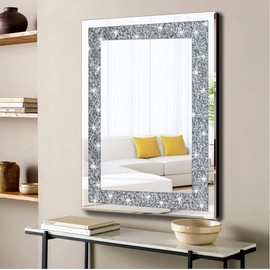 QMDECOR Crystal Crush Diamond Rectangle Silver Mirror for Wall Decoration 24x32inch Wall Hang Frameless Mirror Acrylic Diamond Decor.