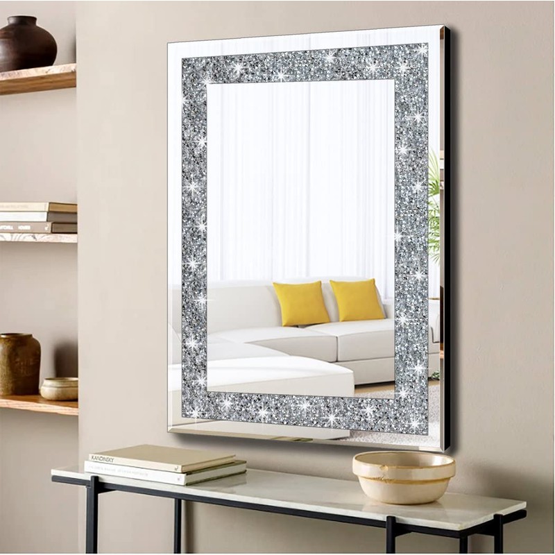 QMDECOR Crystal Crush Diamond Rectangle Silver Mirror for Wall Decoration