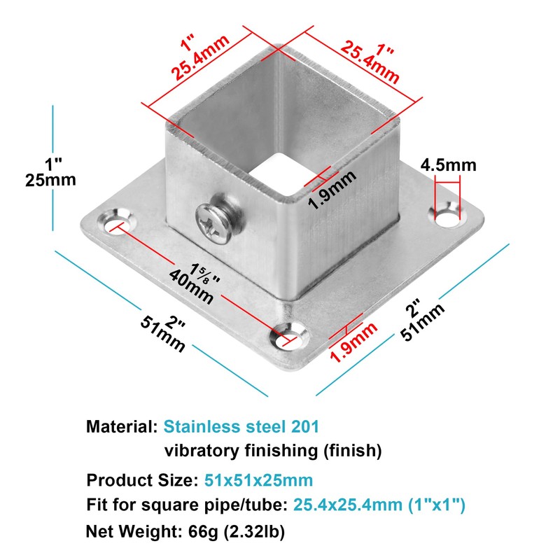 eoere 20 PCS 1" Square Tubing Newel Post Floor Flange