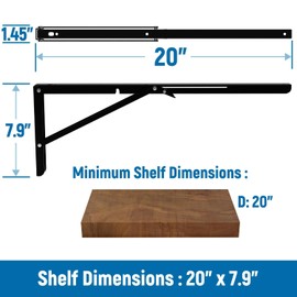 LEOPO 20 inch Folding Shelf Brackets-2 Pack Foldable Heavy Duty Triangle Collapsible Wall Mounted Brackets for Fold Down Table, Space Saving for Bench Table with Screws, Black