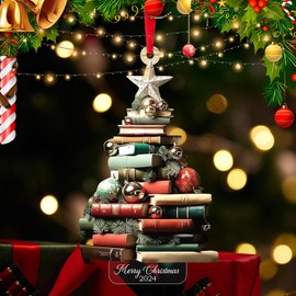 2024 Christmas Tree Shape Bookshelf Pendant - Books Stacked Christmas Ornament, Hanging Christmas Books 2D Acrylic Ornaments for Book Lovers, Perfect for Christmas Tree and Car Decorations