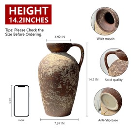 Brown Ceramic Rustic Farmhouse Vase Jug Pitcher with Handle, Distressed Antique Terracotta Pottery Flower Vase 14.2 Inch Handmade Large Floor Vintage Decorative for Home Living Room Decor