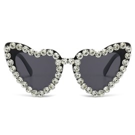 YAMEIZE 70s Trendy Rhinestone Heart Sunglasses - for Women Men Love Rhinestone Heart Shaped Diamond UV400 Party Driving, black