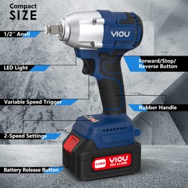 YIOU 20V MAX Cordless Impact Wrench 1/2 inch,Compact Impact Wrench Set for Home & Car,Max Torque 320NM,3.0A Li-ion Battery, 9Pcs Driver Impact Sockets, Brushless Motor,Fast Charger and Tool Bag,Blue