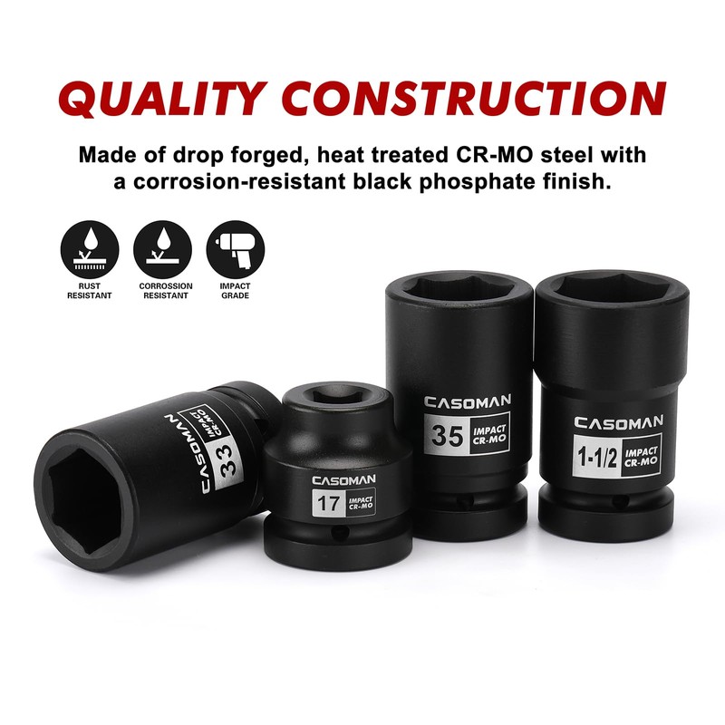 CASOMAN 8-Piece 1-Inch Drive Impact Socket Set, Metric & SAE,
