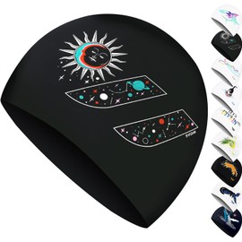 SWAVE Unisex Adult Comfortable Durable Printed Waterproof Silicone Swim Cap (Black (Moon and Sun))