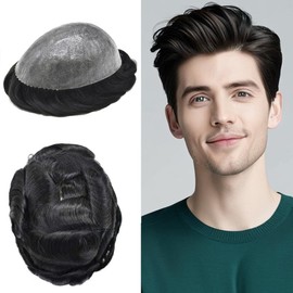 Healthlif Hair Piece Toupee for Men Human Hair Replacement Durable Hair System PU Injected Mens Toupee Hairpiece All Poly Protesis Capilar Para Hombre 8''X10'' #1B Off Black