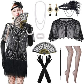 Lukovee Diadema Gatsby de los Años 20 para Mujer, 6 Juego de Accesorios de Disfraz de 1920s Flapper Gatsby, Accesorios para Disfraces de Fiesta Rugientes con Flecos de Lentejuelas, Collar de Perlas