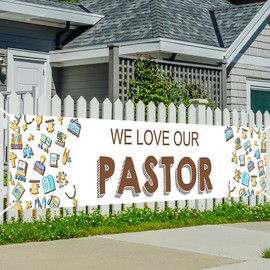 Printspree We Love Our Pastor Banner - 98" x 19" Pastor Appreciation Week Baner Church Appreciation Decoration with Colorful Icons Church Events Celebrations Large Size Banner