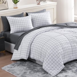 Casa Platino Bed Set King Size Pre-Washed – 7 Piece Bed in a Bag – Soft & Cozy Brushed Microfiber King Size Bedding Set with Comforter, Flat Sheet, Fitted Sheet, 2 Pillowcases & 2 Shams - Windowpane