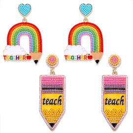 2/3Pairs Teacher Earrings for Women Beaded Pencil Dangle Earrings Statement Apple Book Drop Earrings Teacher Appreciation Gifts Back To School Jewelry Set, Zinc, No Gemstone
