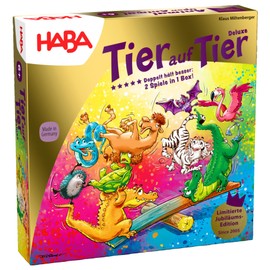 Tier auf Tier Deluxe Version – Stapel- und Würfelspiel aus Holz mit 30 bunten Tieren und Wippe, Wackelspaß für die ganze Familie, Spiel ab 4 Jahren – 2012205001