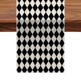 Black White Lattice Table Runner 71x11.8 Inch Linen Plaid Table Runners for Home Dining, Kitchen, and Coffee Table Decor, Tablecloth Design for Themed Indoor Outdoor Party Decoration (Diamond Lattice)