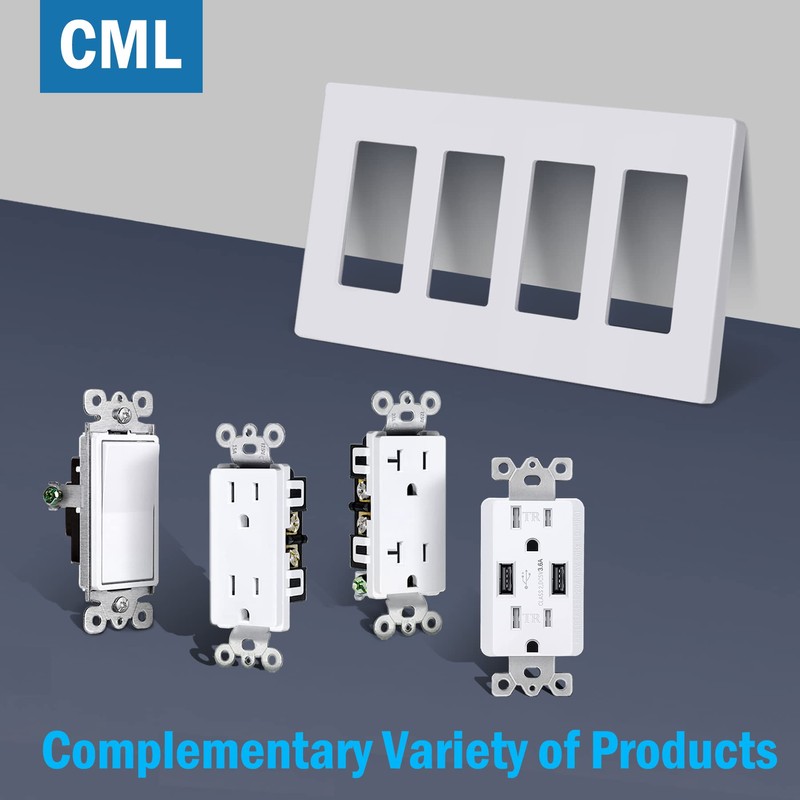 CML 4-Gang Matte White Decorator Screwless Wall Plates, 4 Pack