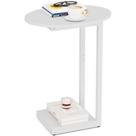 Hosfais Small Side Table End Table: C Shaped Oval Coffee Table, Wooden TV Tray for Living Room, Bedroom, Couch, Small Spaces (White)
