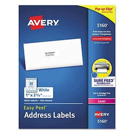 Easy Peel Mailing Address Labels, Laser, 1 x 2 5/8, White, 3000/Box