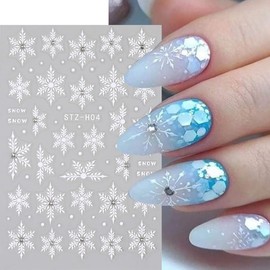 White Snowflake Nail Art Stickers Winter Nail Decals with Rhinestone Christmas Nail Art Stickers 3PCS 3D Self-Adhesive Snowflake Nail Design Sticker Holiday DIY Manicure Supplies for Women Nail Charms