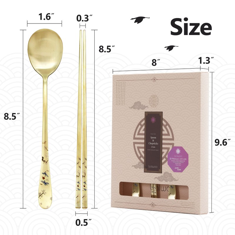 Balwoo Pine Crane Design Korean Style Spoon Chopsticks Set Rice