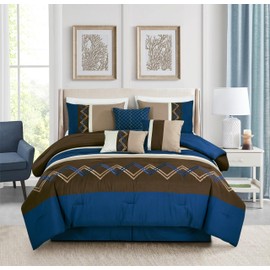 Chezmoi Collection Arden 7-Piece Modern Pleated Stripe Embroidered Zigzag Bedding Comforter Set (Queen, Coffee/Brown/Navy/White)